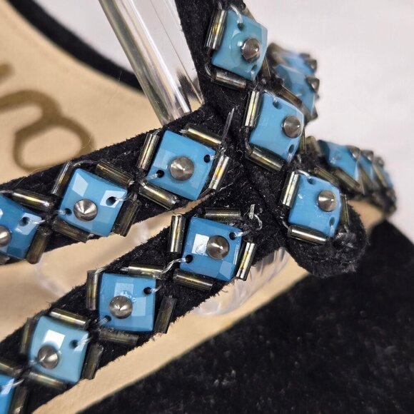 Sam Edelman Sz 8M Alina Black Turquoise Strappy Leather High Heels Zip Back NWOT - Picture 8 of 16